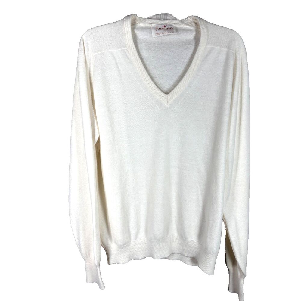 Vintage XL Jantzen USA Women Ivory V Neck Long Sleeve Sweater Raglan Sleeve